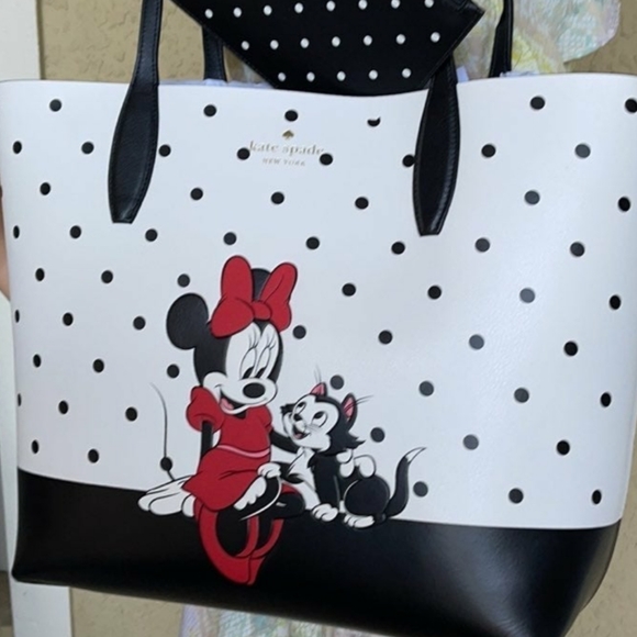 NWT KATE SPADE DISNEY Minnie Mouse & Figaro Reversible Polka Dot Tote & Pouch - Picture 2 of 16